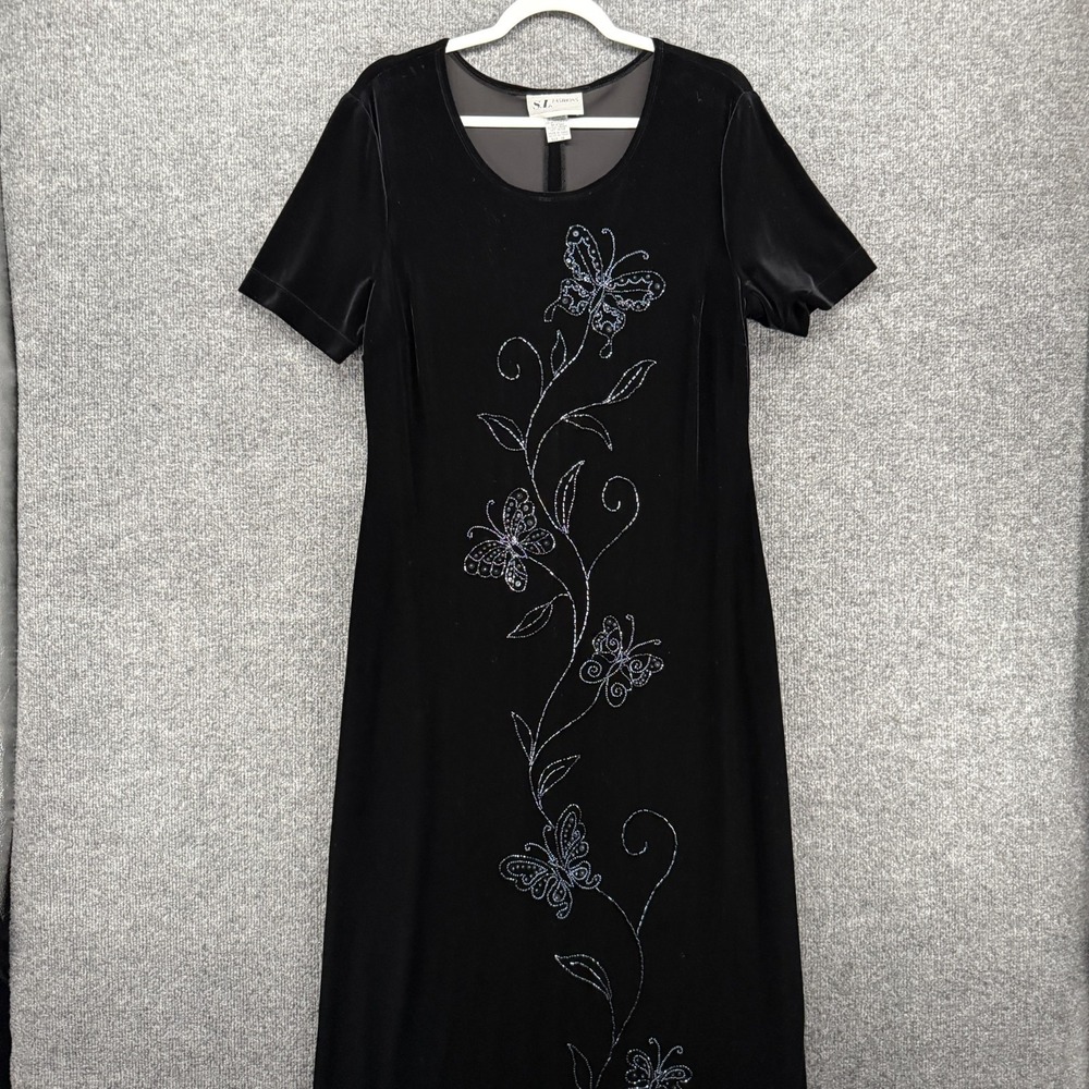 SL Fashions Dress 14 Black Velvet Floral Beaded Fairy Grunge Whimsigoth Event